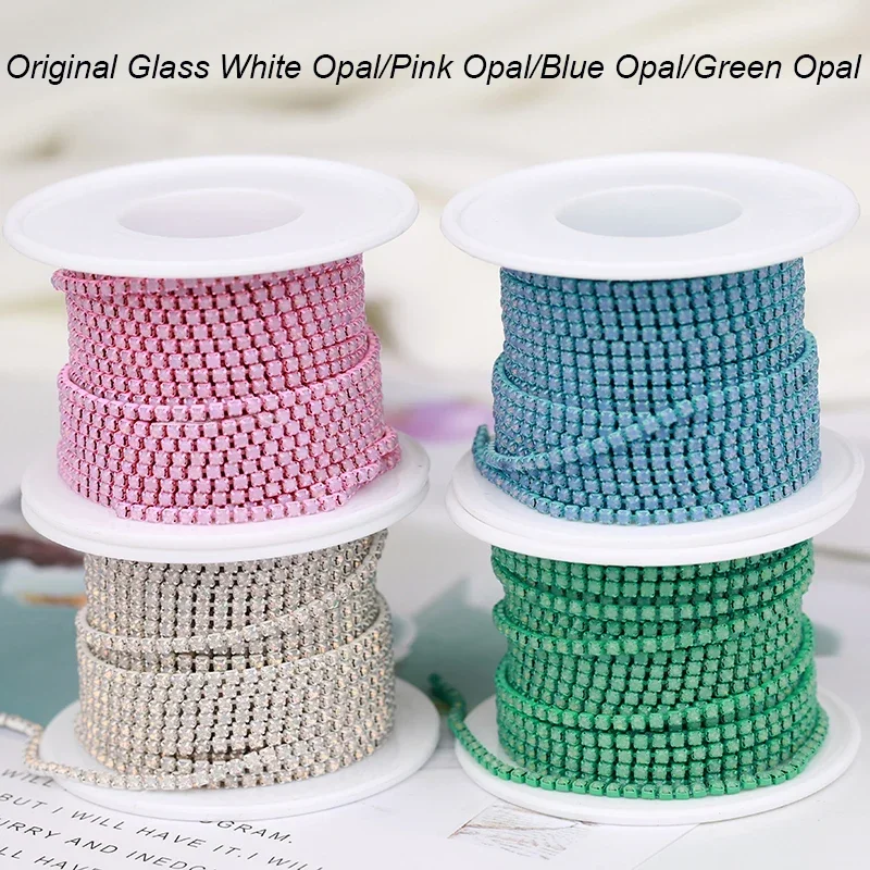 SS6 2mm 1 yard Pink /Green/Blue Opal Glass Rhinestone Cup Chain Glitter Crystal Rhinestone Trim For DIY Wedding Dress Decoration