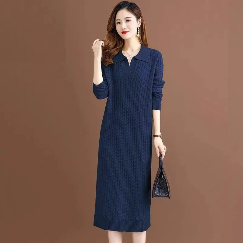 Autumn And Winter New Thick Sweater long New Lapel Knitted Korean Version Loose Fitting Dress Women's Fashionable High-End Dress