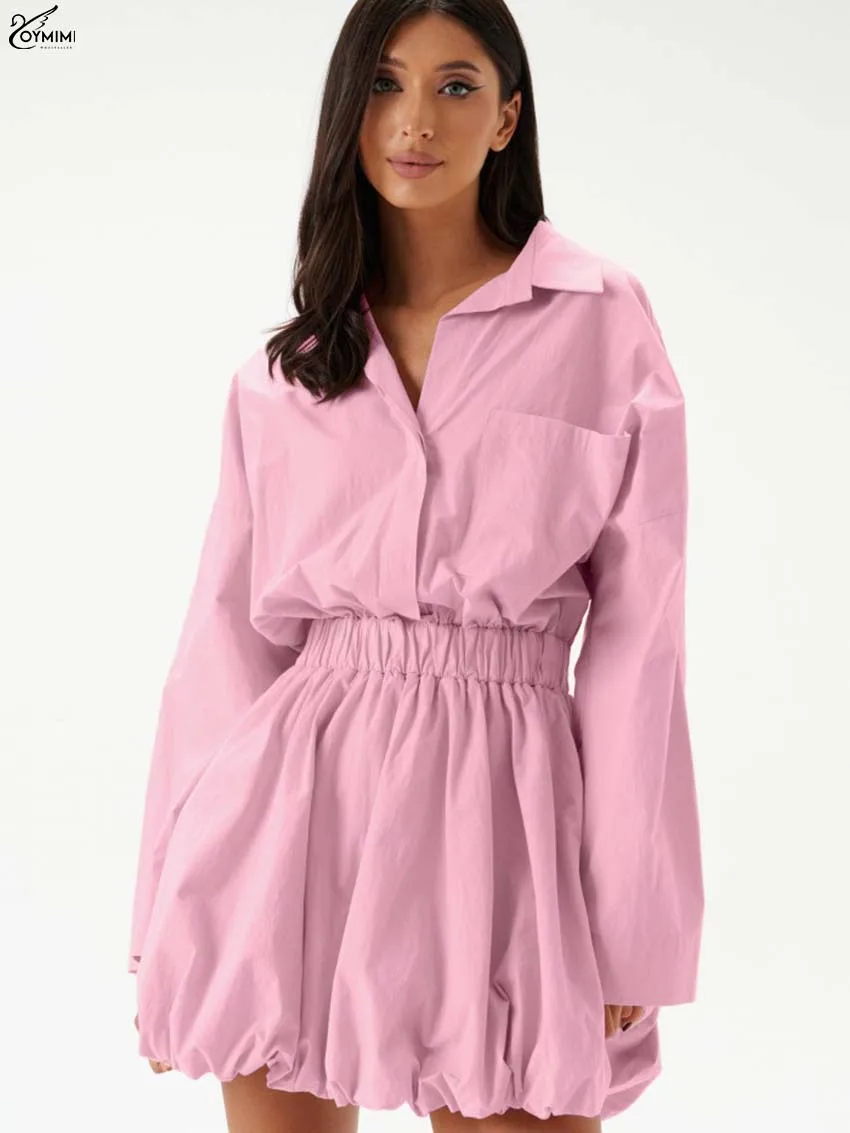 

Oymimi Fashion Pink Cotton Dresses 2025 Woman Elegant Long Sleeve Pockets Button Dresses Casual High Waist Pleated Mini Dress