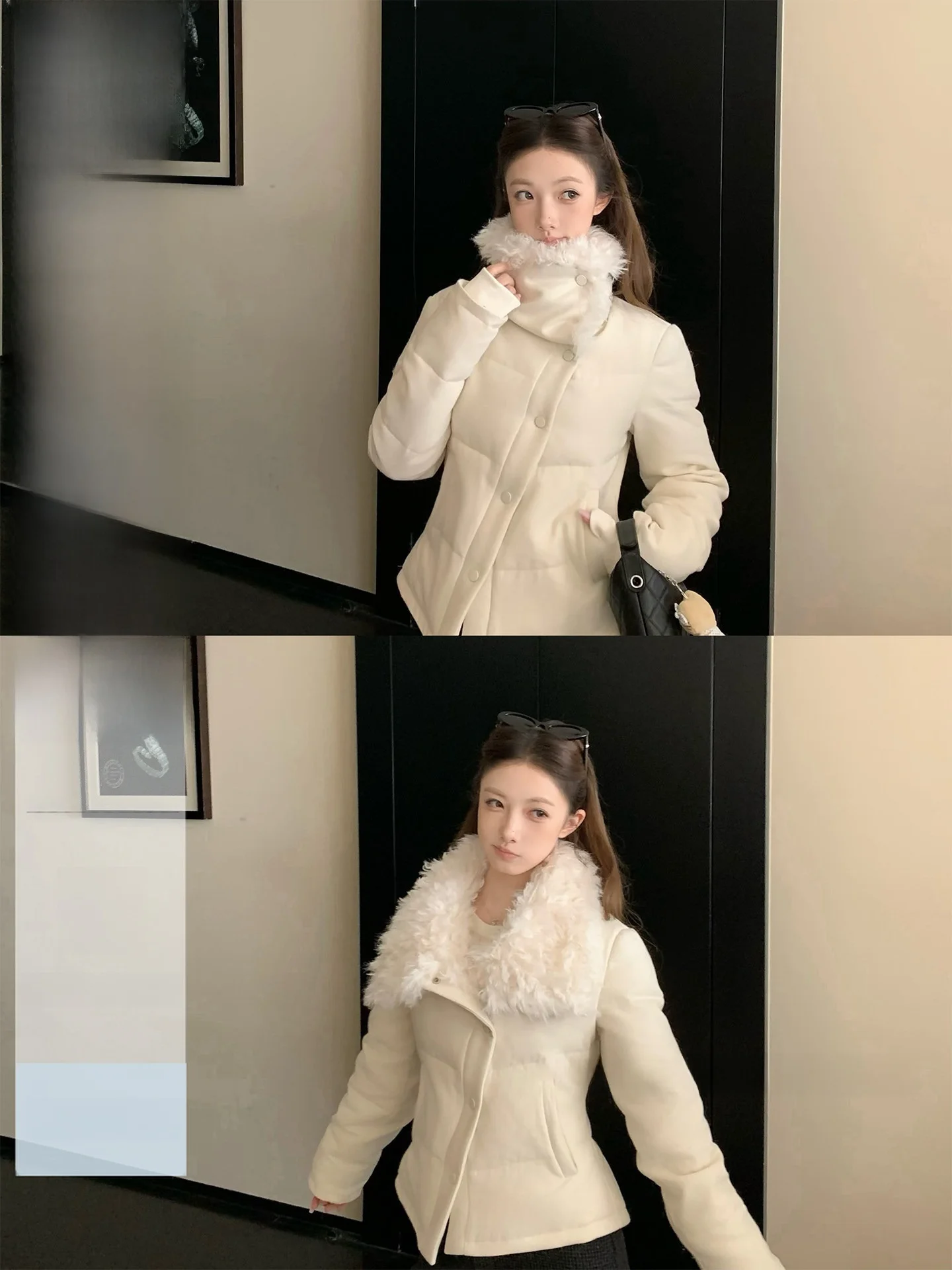 

Bankelili Briti Rich 50 Wool 90 White Du down Side Buttoned Waist Cinching Women's Puffer Jaet Casual Sle Regular Fit