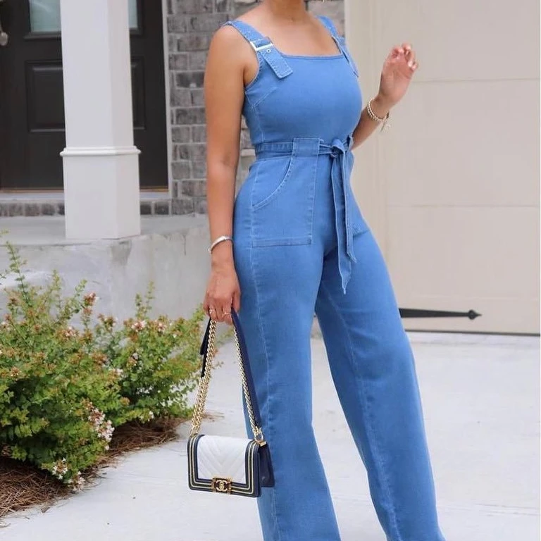 

Washed Denim Women Camisole Jumpsuits Sashes Solid One Piece Sexy Rompers Spliced Basics Backless Straight Pants Pockets