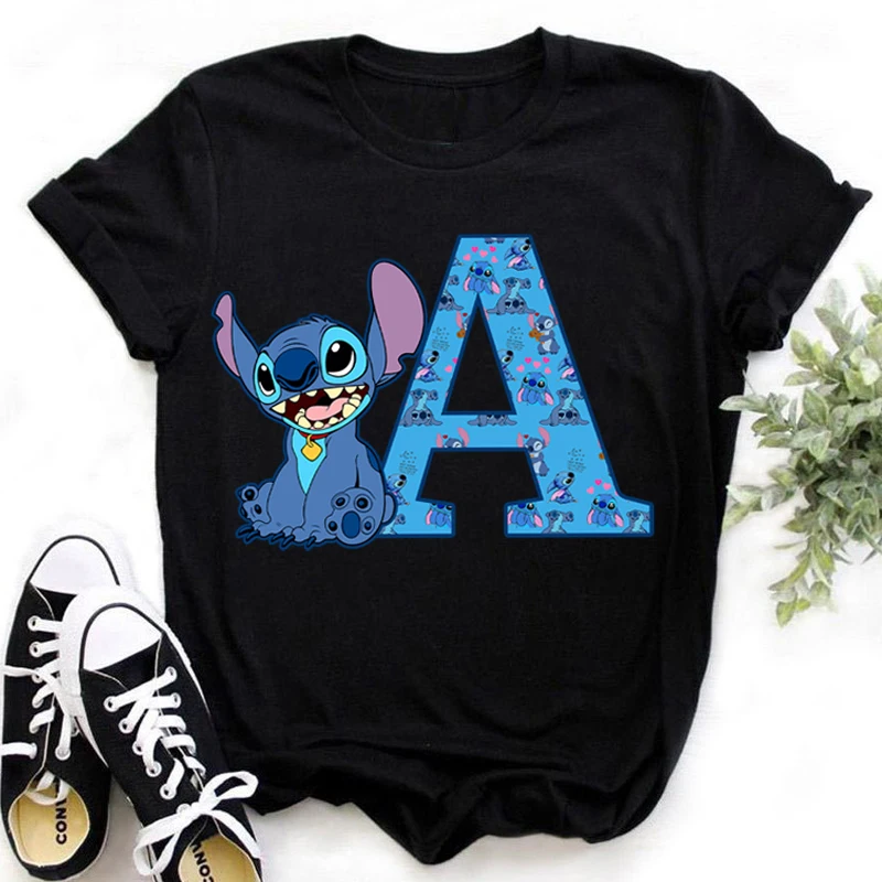 Disney Lilo&Stitch Alphabet A-Z T-shirts for Women Men Anime Fashion Printing Short Sleeved Shirt Boys Girls Summer Hip Hop Top