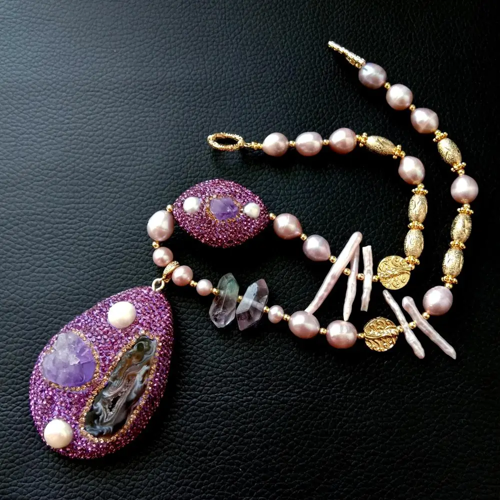 

Y·YING Genuine Amethyst Agate Geode Pendant Charm Cultured Rice Pearl Biwa Pearl Necklace Handmade Necklaces