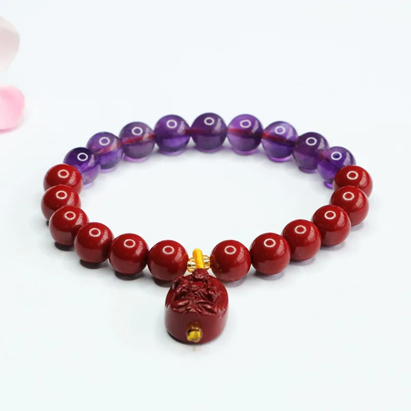 Customized Natural Red Organic Cinnabar Nine Purple Leaving Fire Beads Elastic Bracelet Accessories DIY Bangle Amulet Gift