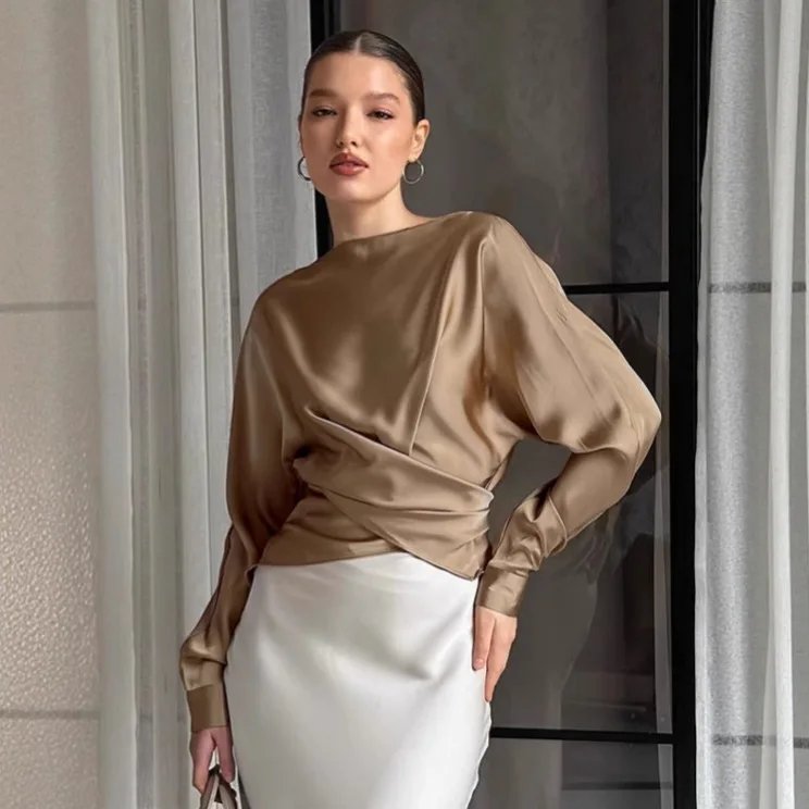 

New Women Solid Color Satin Sheen Long Sleeve Blouse O Neck Draped Waist Shirt Minimalist Style Spring Summer Office Ladies Top