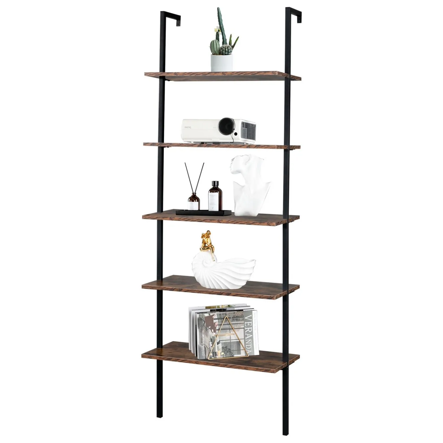

Industrial Wall Mounted Bookcase 5-Tier Open Ladder Shelf Bookshelf with Metal Frame, 23.6" L x 11.8" W x 70.9" H