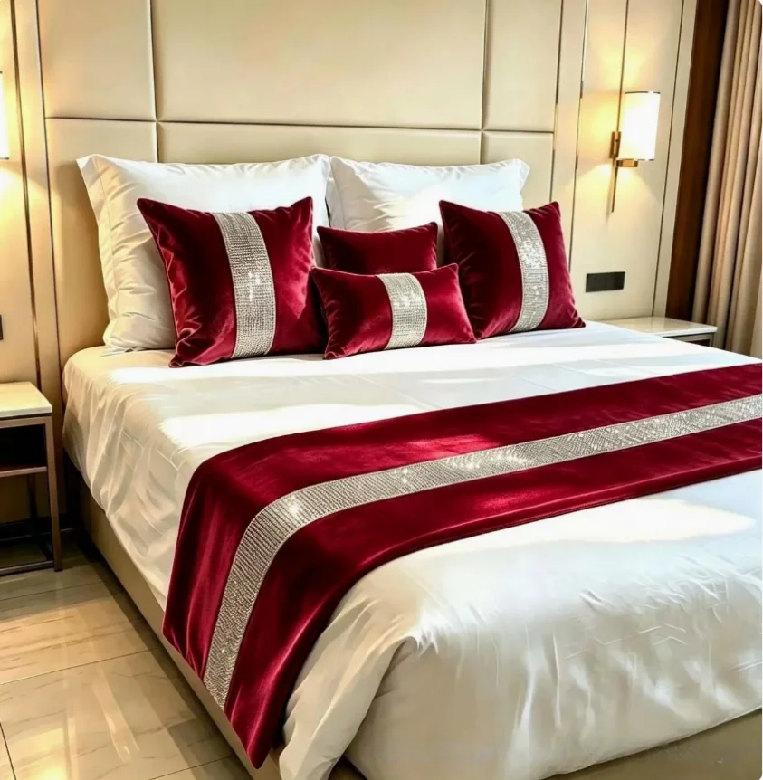 Luxury Velvet Bed Runner with Rhinestone Inlay, High‑End Bed Scarf for Hotel & Villa, Bed End Decor Home Wedding Decoration