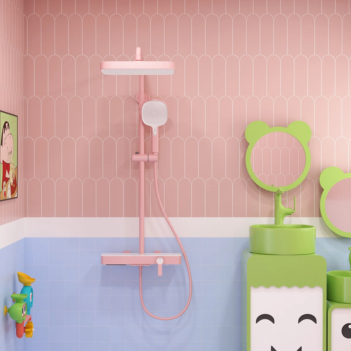 Pink Waterfall Piano Bathroom Shower Set 12 Inch Rainfall Shower Head Brass Hot Cold Piano Waterfall Bathroom Shower System