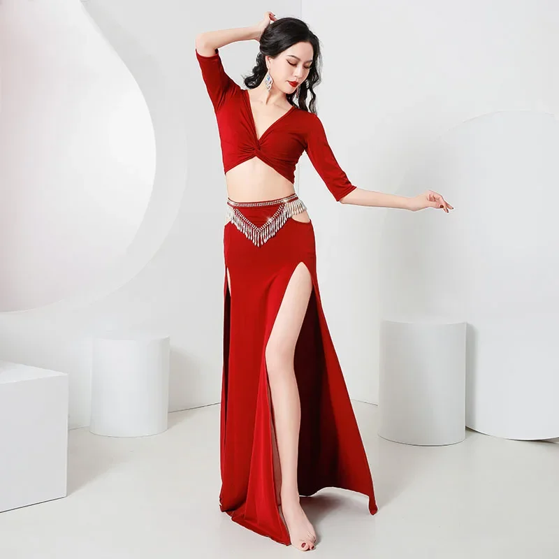 

Oriental Belly Dance Practice Set Top+High waisted Split Skirt Women Dance Performance Training Outfit Group Class Wear Clothes