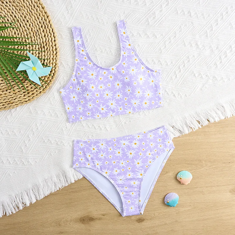

2026 Floral Girls Swimsuit High Waist Bikini Kids Swimwear Female Children's Bathers Bathing Swimming Swim Suit Summer Beachwear