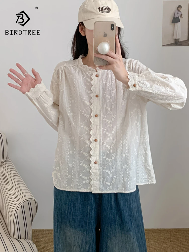 

Новая женская хлопковая блузка с длинным рукавом на весну 2026 года, с вышивкой, оборками и пэчворком, в стиле Mori Girl (Япония), свободного кроя, T61618CC