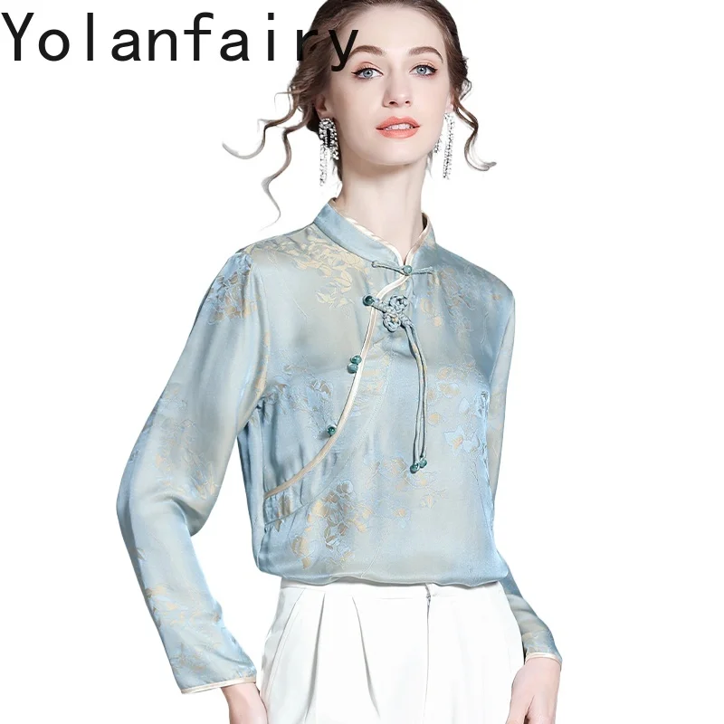 

YOLANFAIRY 70% Mulberry Silk 30% Viscose Shirts for Woman Autumn 2025 Elegant Cheongsam Blouses and Tops Vintage Women Shirt