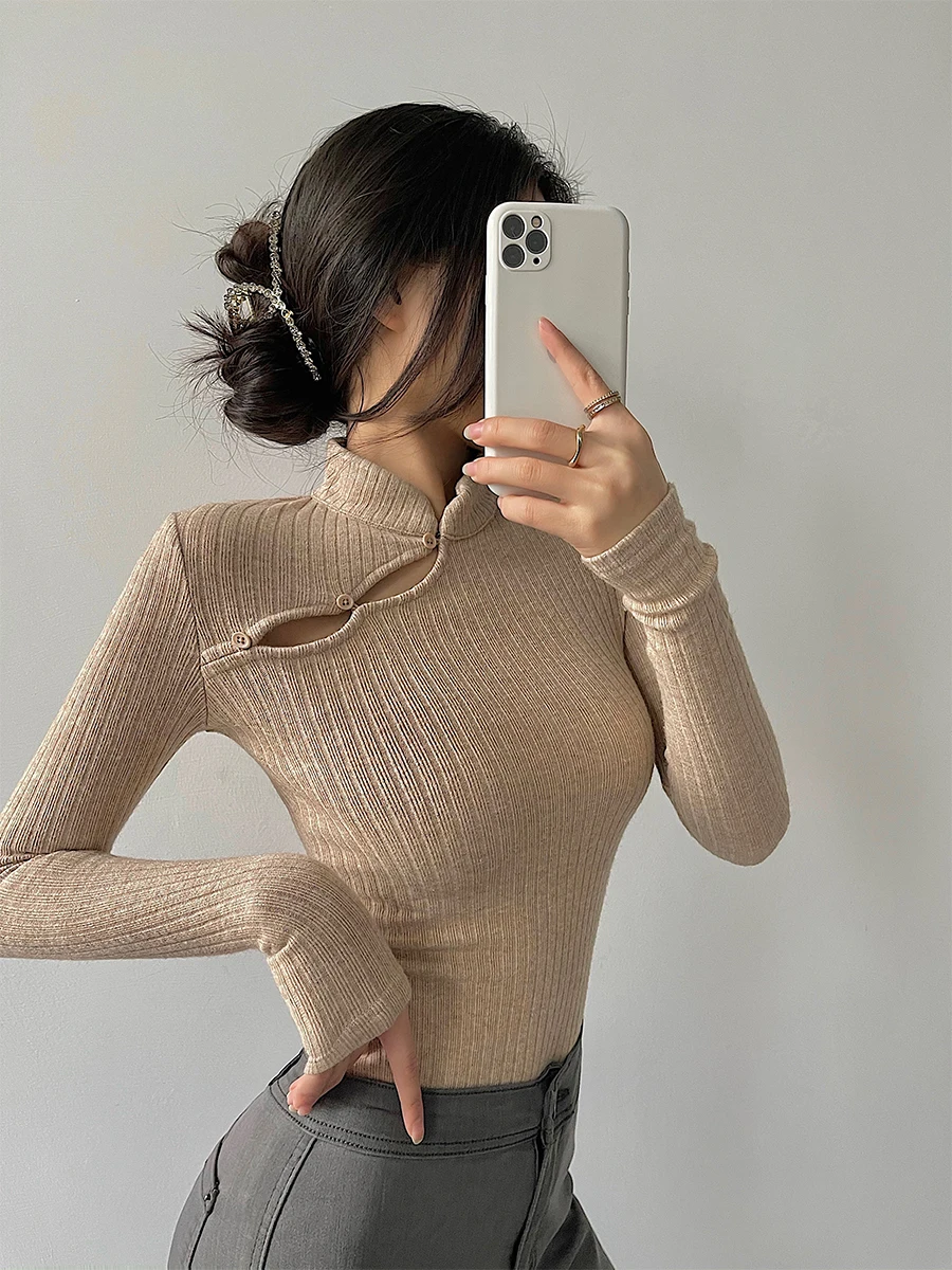 Spice Girl Sexy Cheongsam Collar Elastic Tight Slim Solid Long Sleeve Knitwear Backing Top Oversized Sweater Women Za Fashion