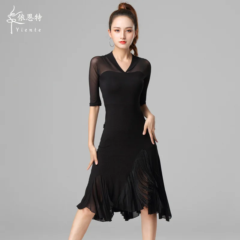 1pcs/lot modern style woman modal latin dance long dress lady half sleeve tassel v-neck cha cha dancing dress
