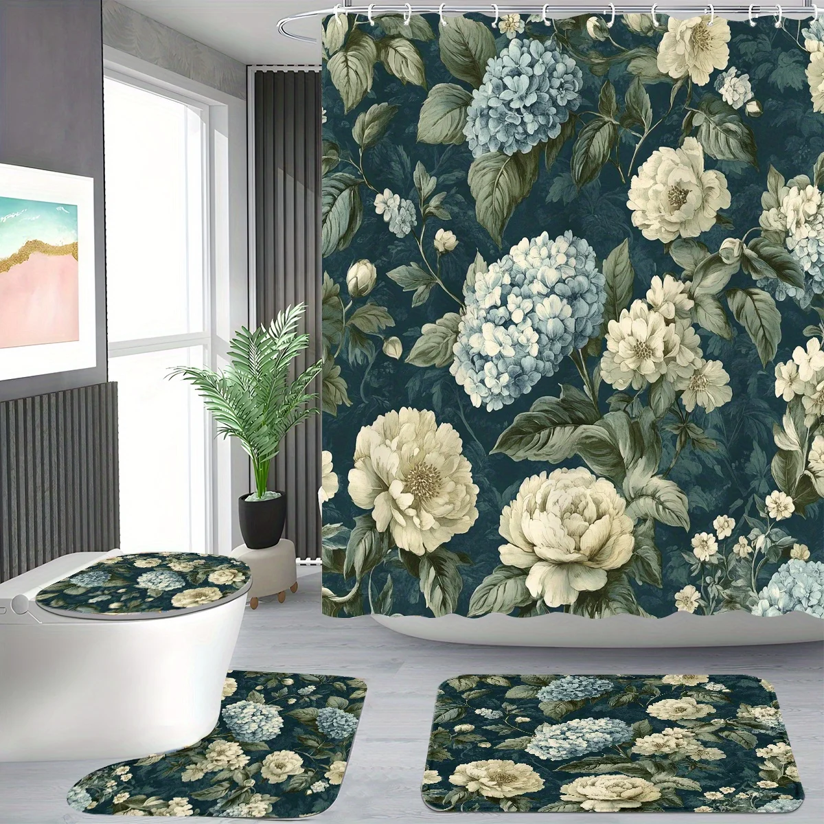 

Набор из 4 занавесок для душа, элегантный сине-белый цветочный узор, современный декор для ванной комнаты 71 x 71 x 180 см В комплект входит 12 крючков