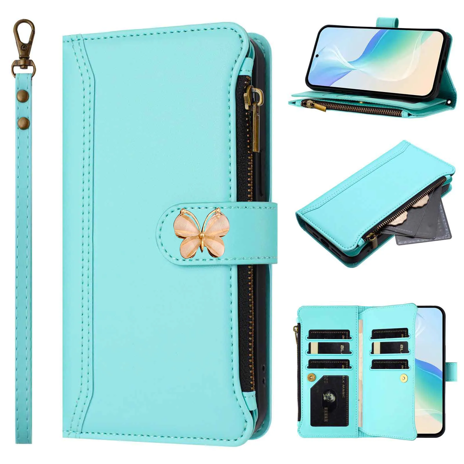 

Mukti 9 Cards Wallet Case For Itel S25 Ultra S24 S23 Plus S18 S17 P55 P40 P38 Butterfly Crossbody Leather Strap Book Flip Cover