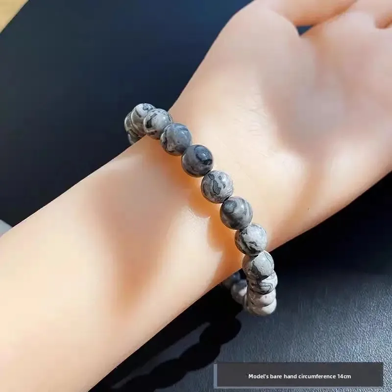 Natural White Silver Leaf Stone Bracelet 8mm Smooth Round Beads Off-white Crystal Single-circle HandString Simple Luxury Gifts