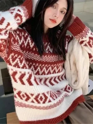 

Retro Red Knitwear Women's Autumn Winter Outerwear Thiened Loose Cisas Sle Design Soft Polyester Fiber Long Sve Sw...