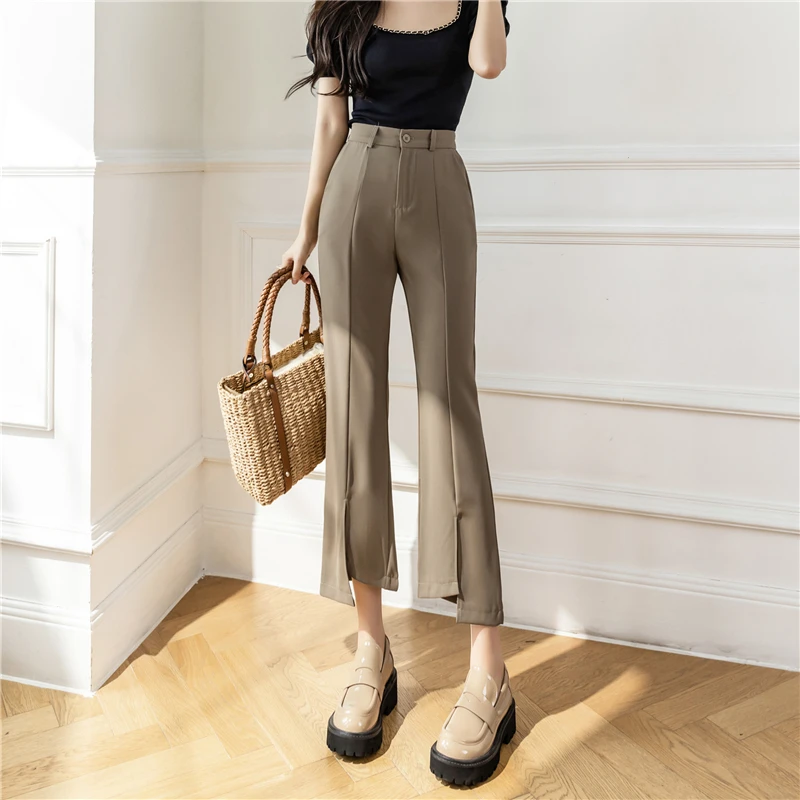 

Micro Flared Pants Women's High Waist Slim Casual Chic Slit Straight Trousers Elegant Ladies Spring Summer Fashion Suit Pants