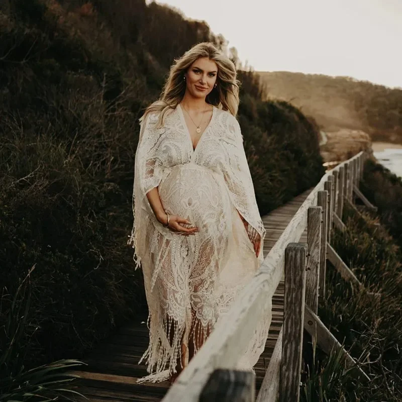 Boho Lace Tassel Robe Maternity Dress Photography Props Maxi Long Gown Photo Shoot Dress Pregnant Women Baby Shower Gift