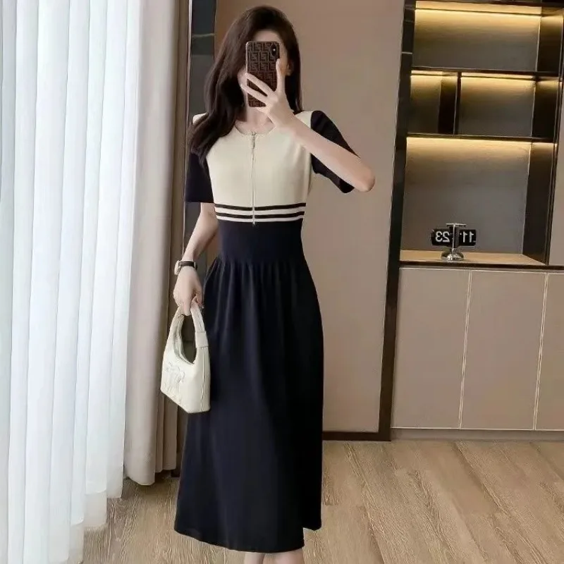 Women's Summer Graceful Slim Knit Stripe Patchwork Dress 2025 New Lady O-Neck Sleeveless Dresses Fashion Joker Clothing Female