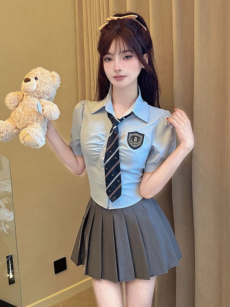 

Korean Style Collar Blue Short Sleeve Shirt with Belt High Waist A-Line Skirt Set Summer Slimming Fashion Women's Outfit