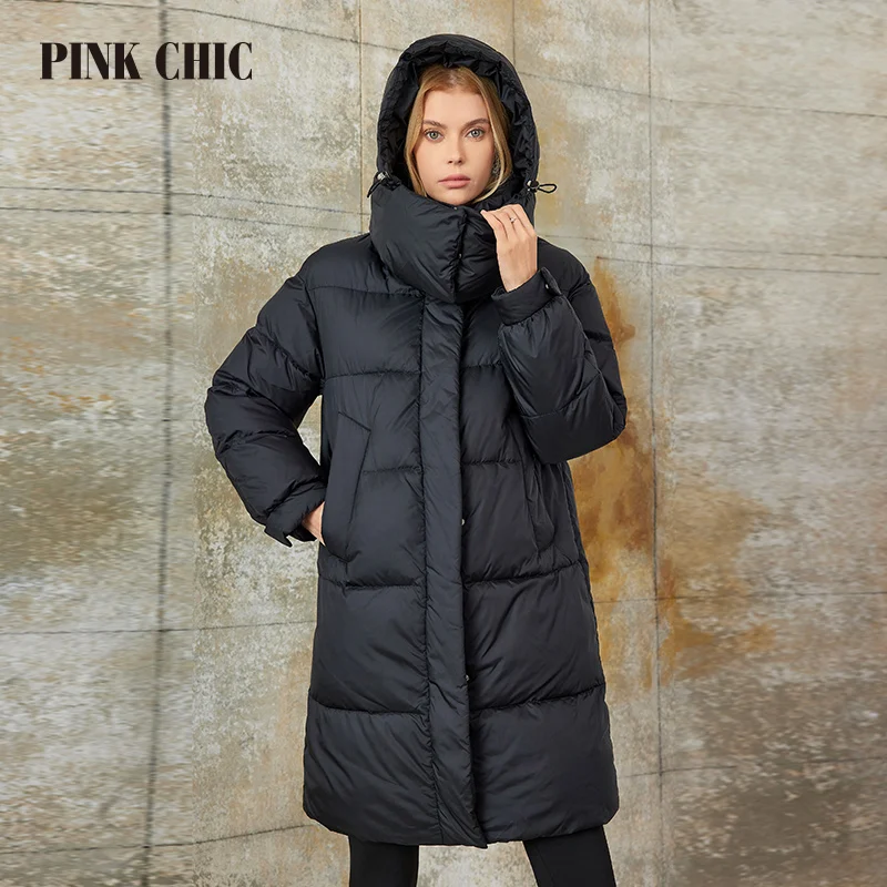 CHIC rosa-parka longa com cadarço com capuz para mulheres, casaco aconchegante e quente, moda feminina casual, inverno, W8258, 2023