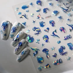 3D Laser Fairy Blue Jellyfish Dolphins Nail Stickers Summer Ocean Starfish Shell Nail Decals Holographic Dreamy Mermaid Sliders