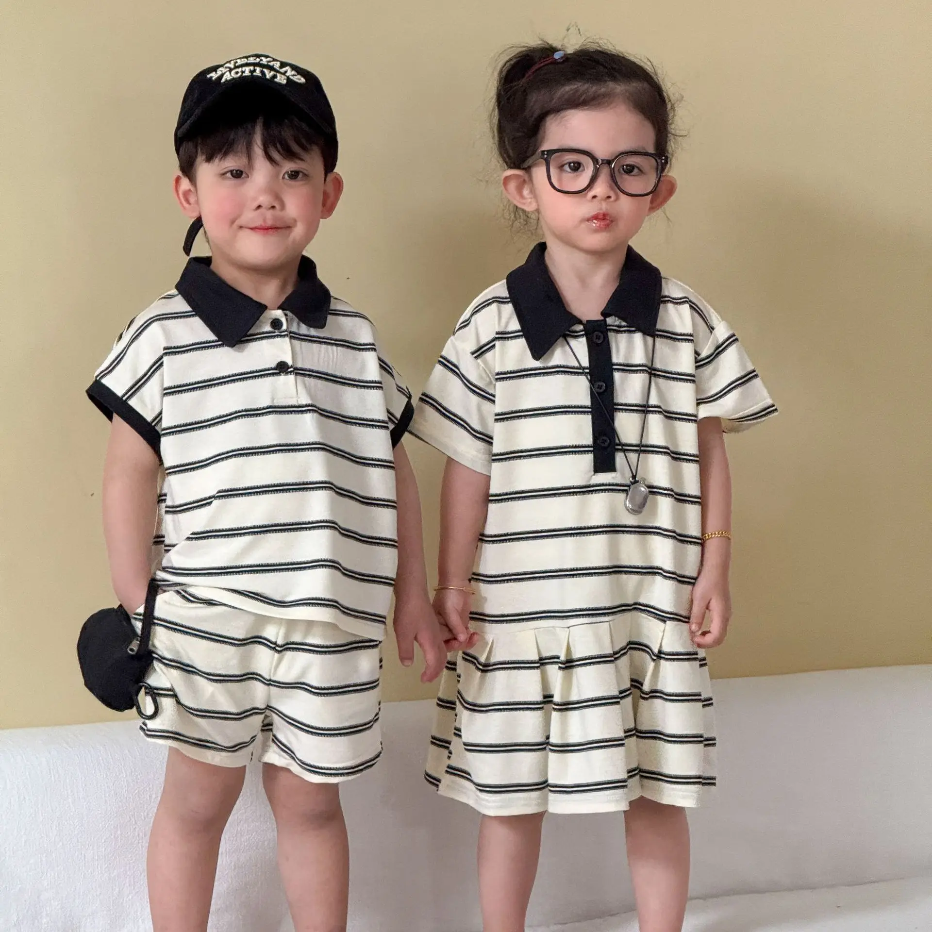 2026 Summer New Children Short Sleeve Striped Clothes Set Boys Girls Brother Sister Outfits Kids Polo Shirts + Shorts 2pcs Suit