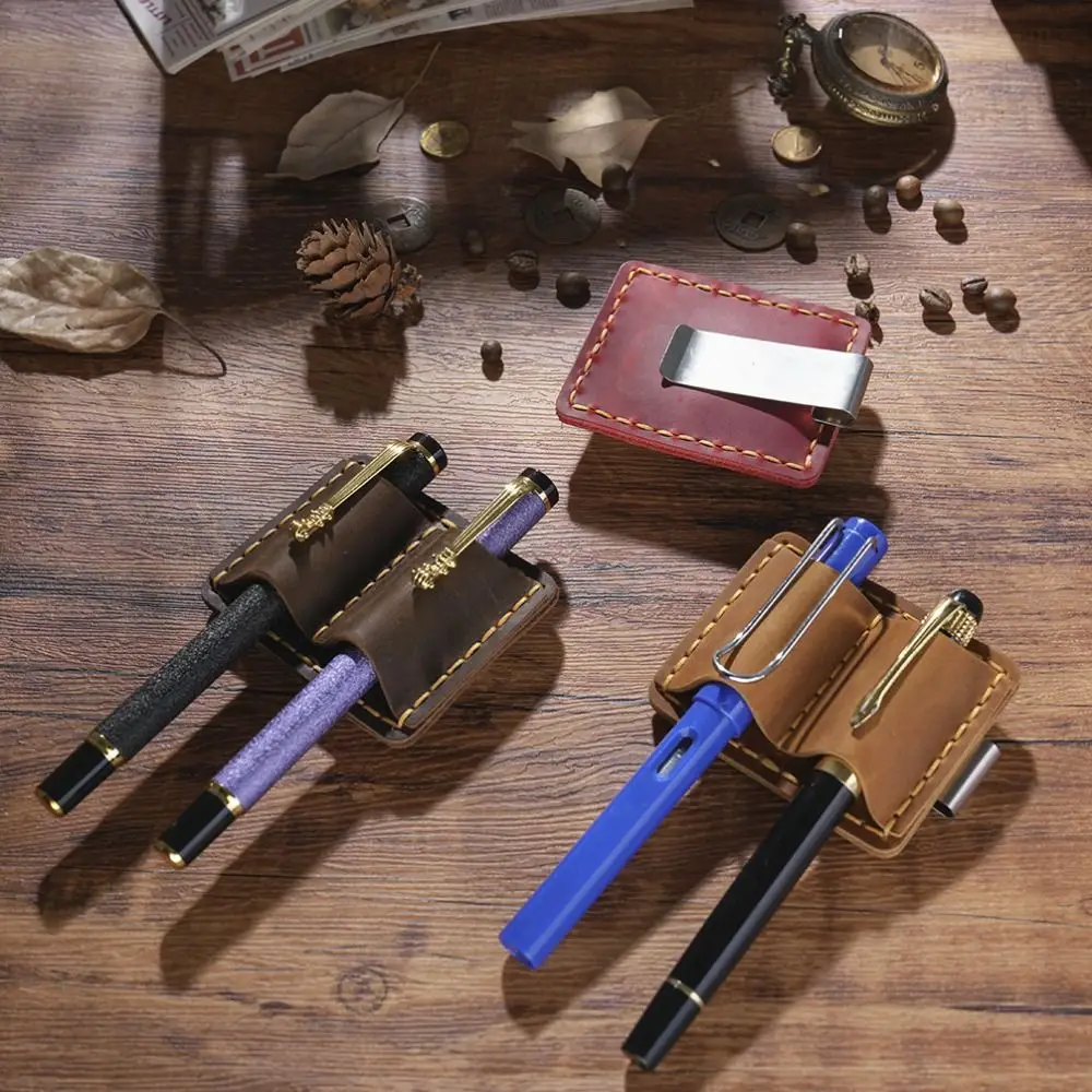 

Креативный держатель для ручек для ноутбука из искусственной кожи с зажимом, водонепроницаемый чехол для ручек, чехол для карандашей с двойным слотом для путешественника