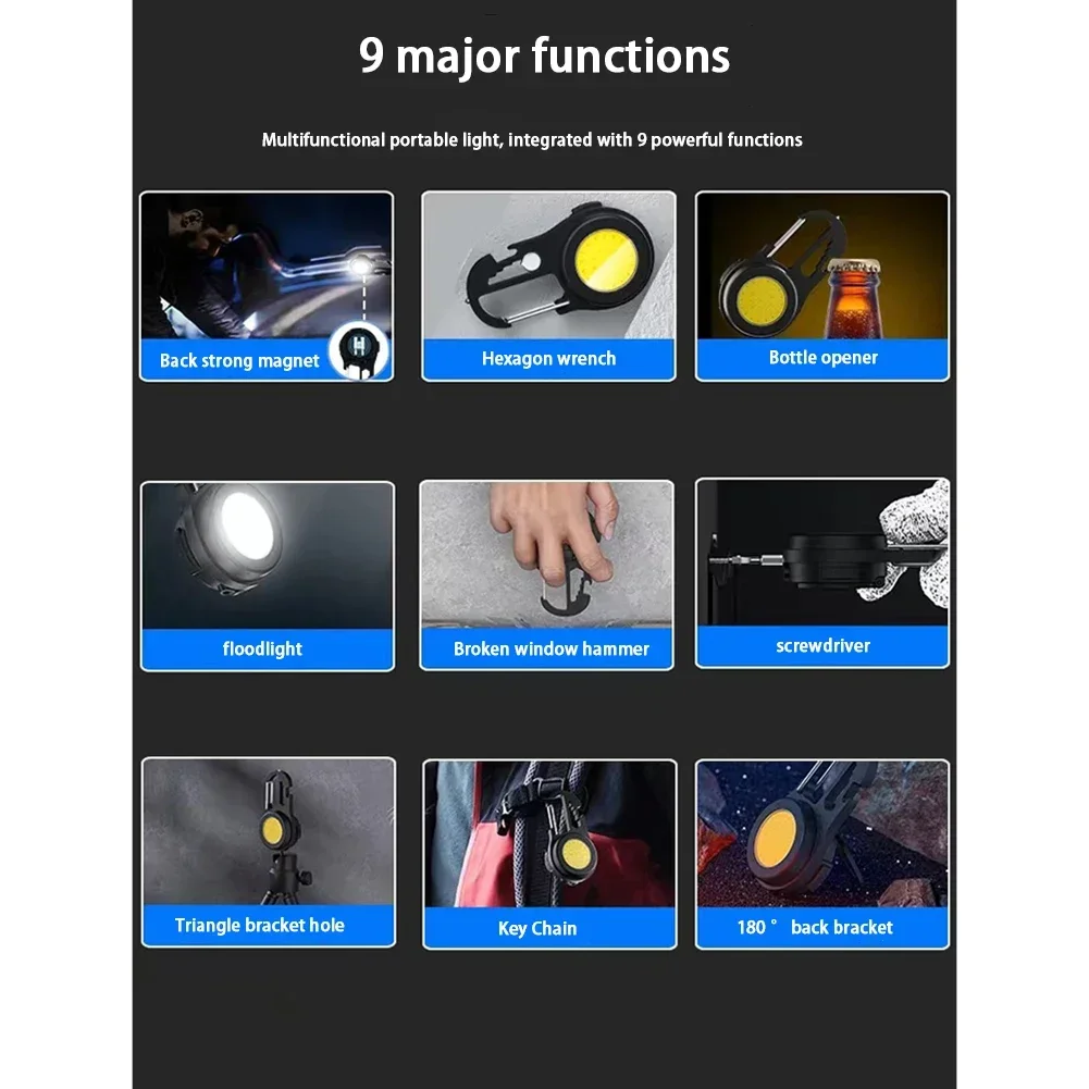 مشاعل سلسلة مفاتيح LED صغيرة محمولة مع بطارية ذات سعة كبيرة 500 مللي أمبير في الساعة من النوع C قابلة لإعادة الشحن وأضواء تخييم فائقة السطوع #5