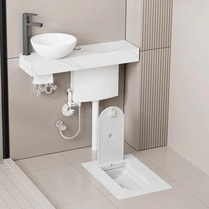 Small apartment with cover board squatting toilet integrated flip flushing tank with wash basin squatting pit wash basin
