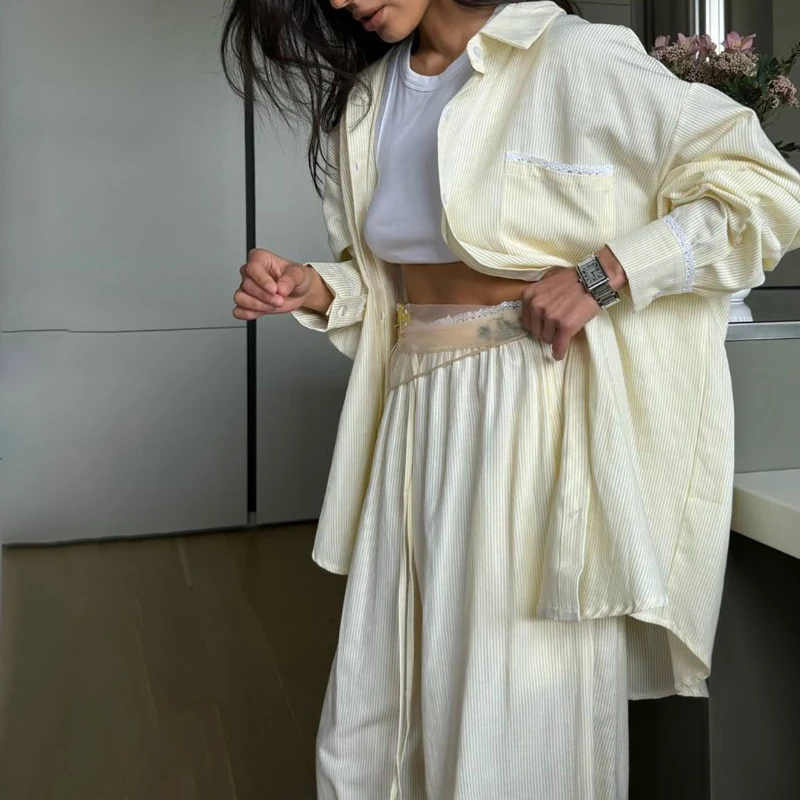 

Spring and Autumn Lace Stitching Striped Shirt Suit Loose Casual Lazy Wind Women's Two-piece Suit