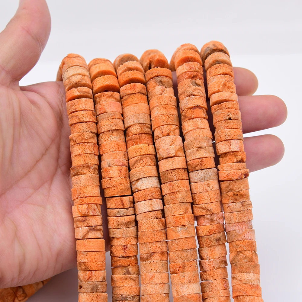 APDGG 5x12mm Natural Orange Coral Slice Center Drilled Wheel shape Loose Space Beads 15.5'' Strand Jewelry DIY