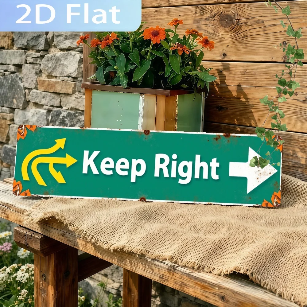 Flache 2D-Metallplatte, Flache 2D-Metallplatte mit Horrorfilm-Motiv 'Halten Sie sich rechts' mit Pfeilen.