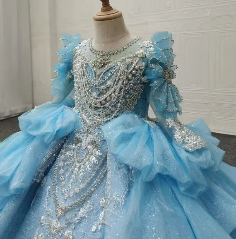 Vestido de flor brilhante extravagante para meninas, babados, tule macio, frisado pesado, vestidos de aniversário para meninas, festa do concurso