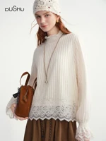 DUSHU-Camiseta de fondo suave para mujer, ropa de otoño e invierno, jerséis, Top de encaje de hadas, Top holgado que combina con todo, elegante, 2025