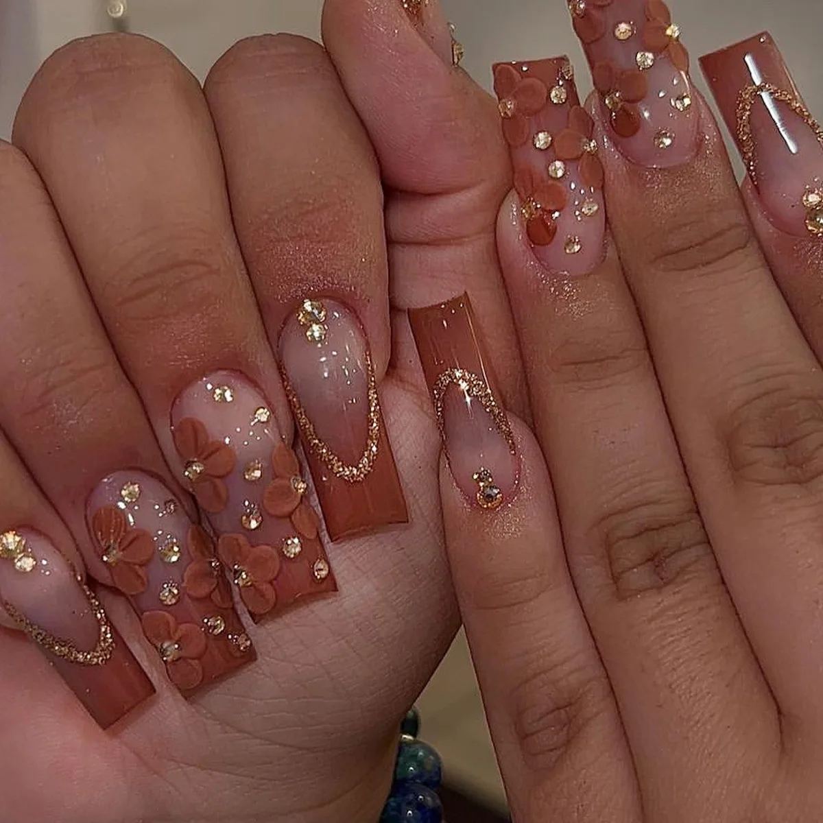 24 pz rosa balletto francese stampa sulle unghie con farfalla strass lunga bara unghie finte fiore indossabile unghie finte punta Manicure