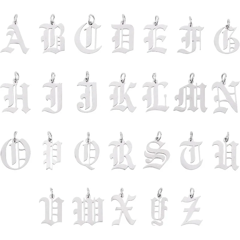 

26pcs Metal Letter Pendants Old English Gothic Pendants Stainless Steel A-Z Letter Charms with Jump Ring for Bracelets Necklaces