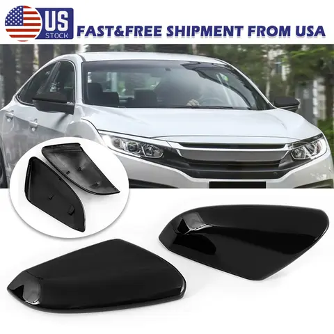 1 Pair Gloss Black Side Mirror Cover Housing Snap‑on Replacement With Removal Tool For Honda Civic 10th Gen 2015‑2018 ABS Rearview Wing Mirror Cap Shell Car Exterior Modified Accessories