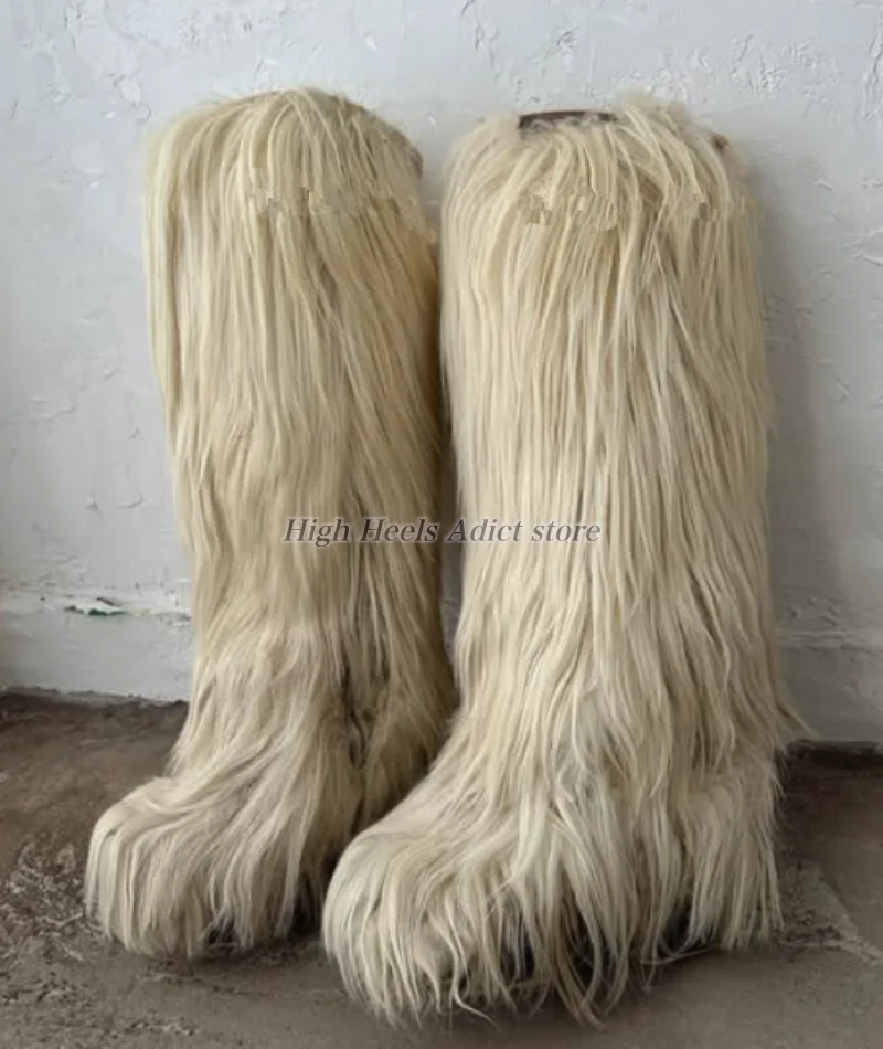 

Women's white long hair thick sole knee high boots warm fur round toe winter new in sexy fur snow boots luxury designer shoes