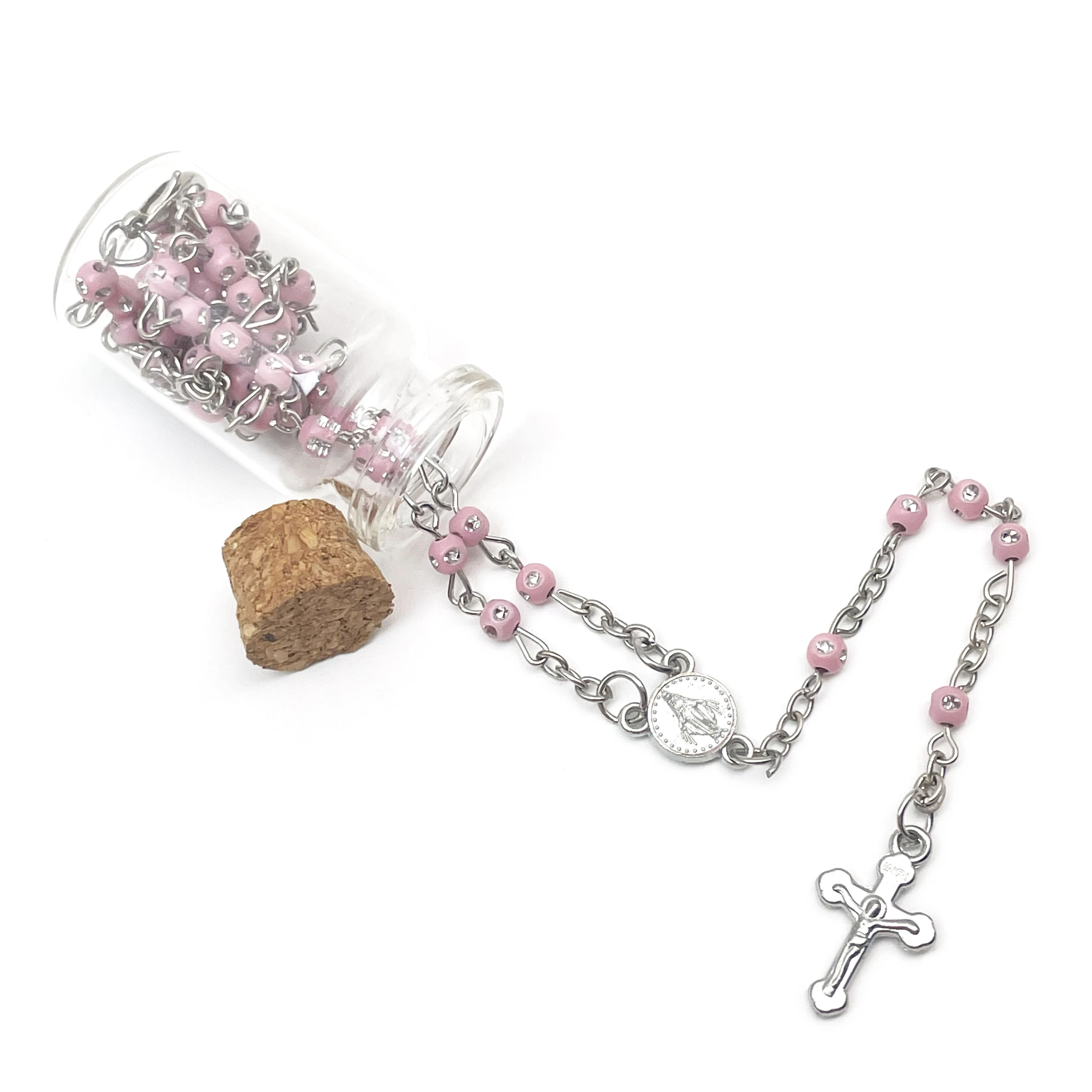 

12 Pcs Baptism Maria Pink Rosary with Mini Diamonds In Glass Bottle Recuerdos De Bautizo Baby Shower Favors Quiceanera /1st Comm
