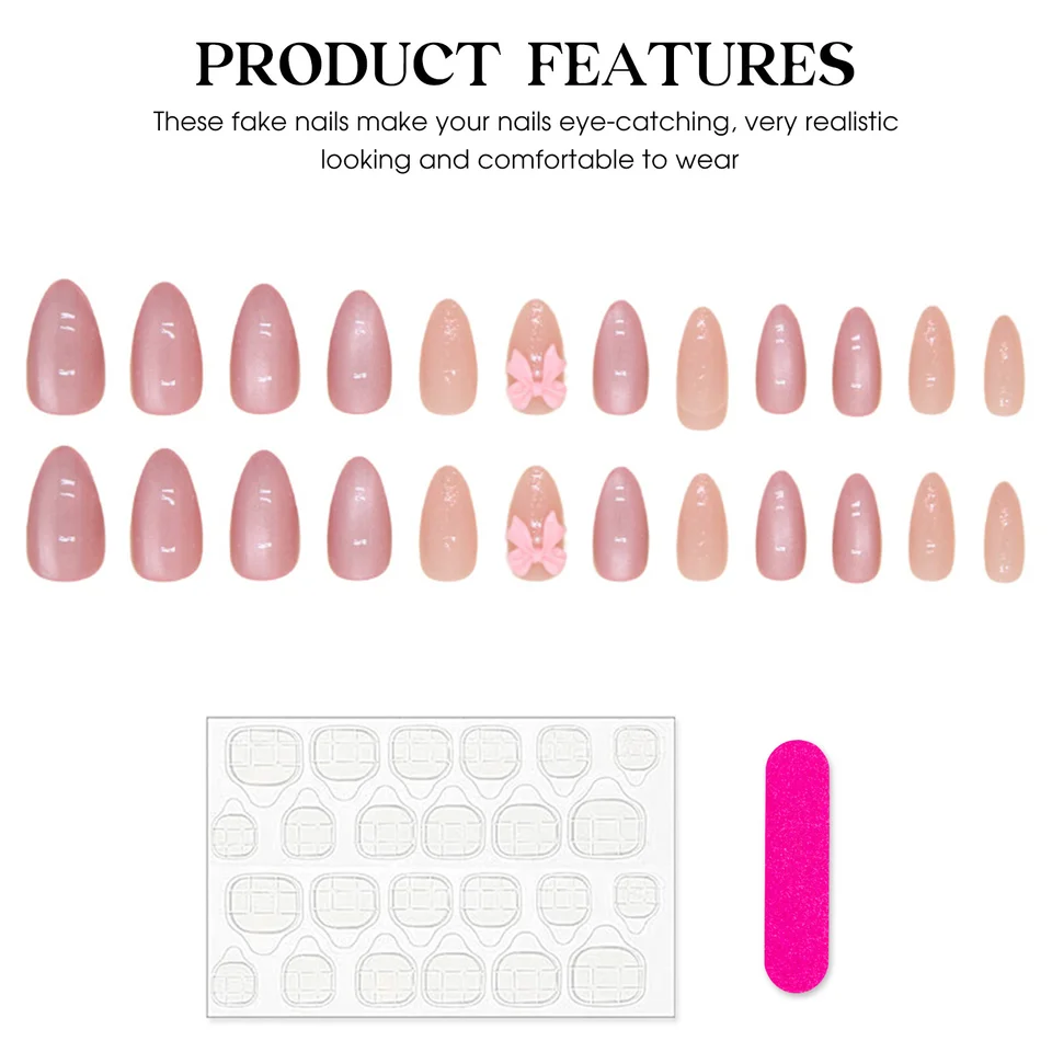 24 piezas de uñas postizas rosas brillantes en forma de almendra con moños 3D, estilo coreano, de cobertura total 5