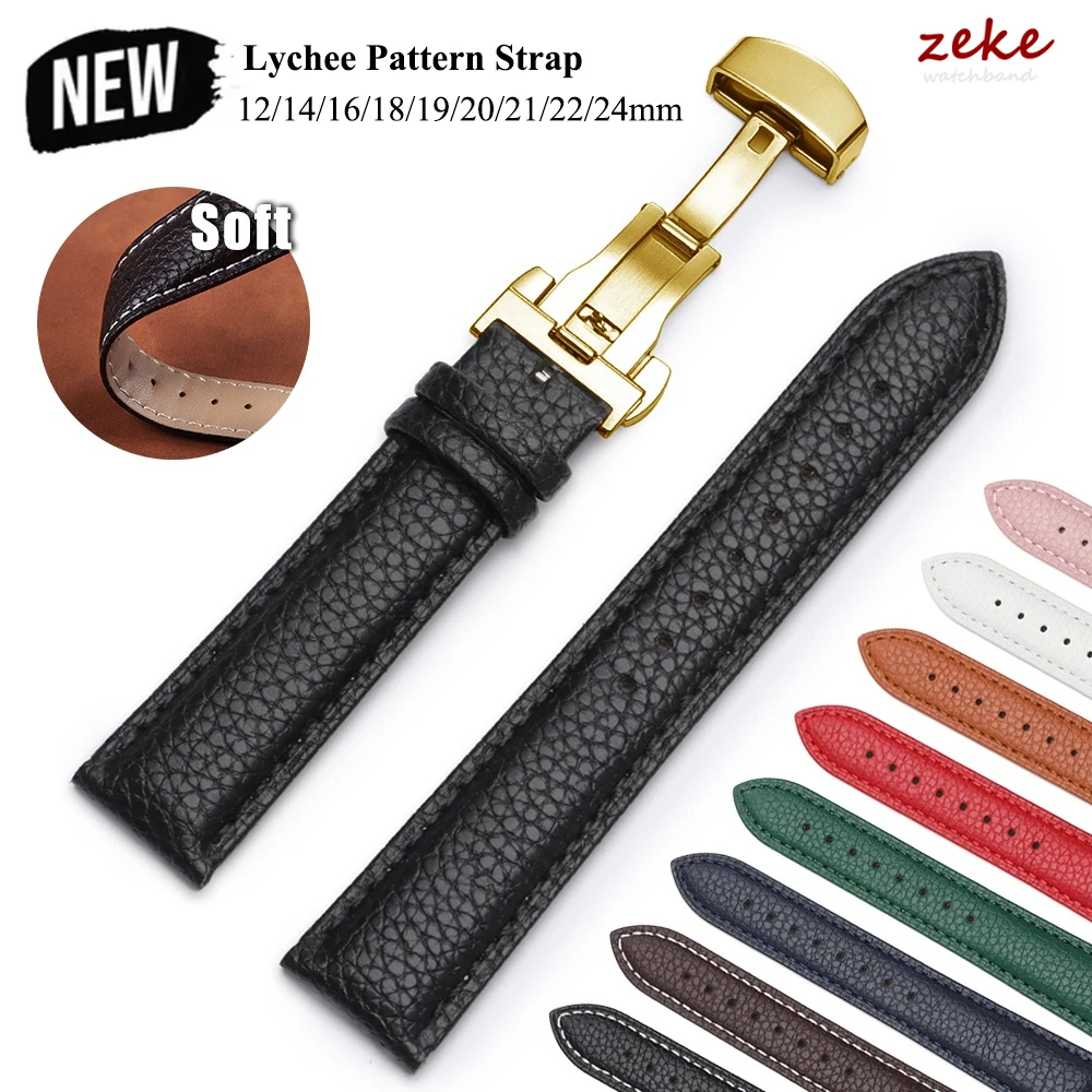 Uhrenzubehör 12/14/16/18/19/20/21/22/24mm Kalbsleder-Uhrenarmbänder Litschi-Struktur Armband Echtleder-Armband Schmetterlingsverschluss