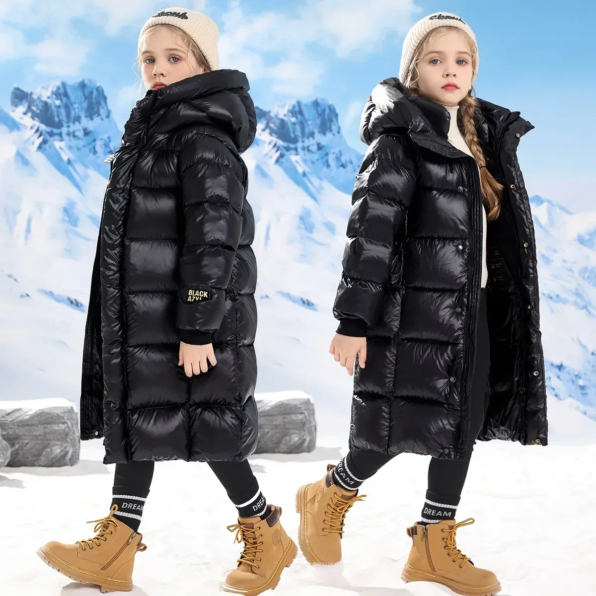 Girls Boys Down Jacket Long Ultra Thick Parkas Black Child Hooded Warm Coats Winter Clothes for Baby Padded Snowsuit XMP548