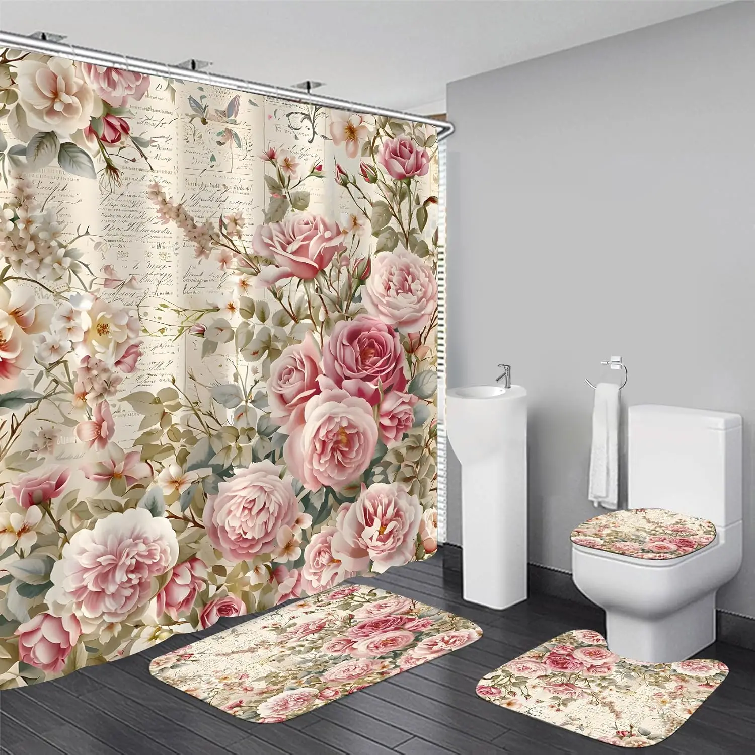 

4Pcs Shower Curtain Sets, Pink Peony Bathroom Curtains Shower Set, Flower Bathroom Decor Sets, Shower Curtain for Bathroom with