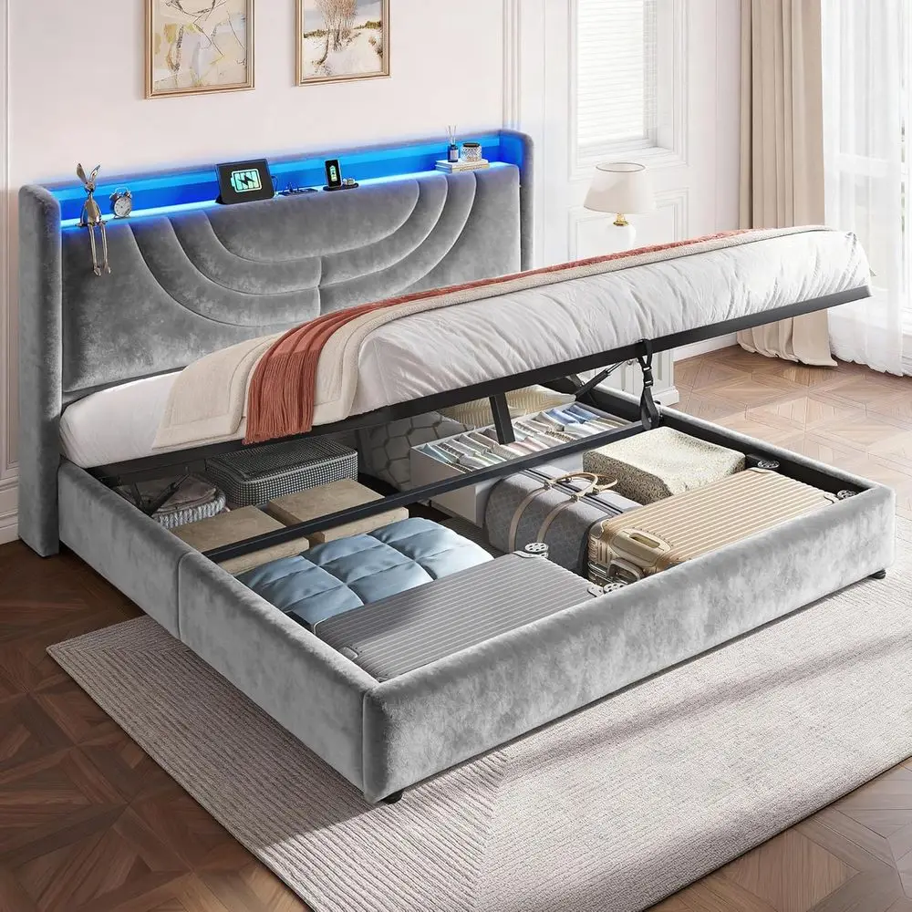 Queen Size Velvet LED Bed with Storage, Charging Station, Easy Assembly, Hydraulic Lift, Noise-Free, No Box Spring Needed, Grey