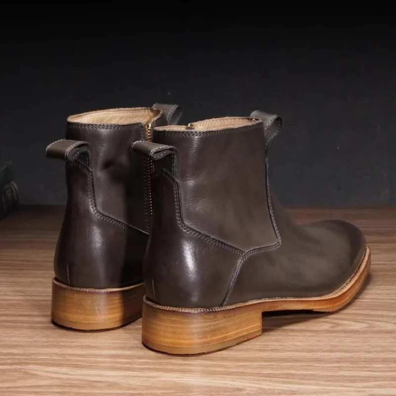 Handmade Men Pointed Toe Fashion Boots Side Zipper Casual Washed Retro Genuine Leather Chelsea Ankle Boots