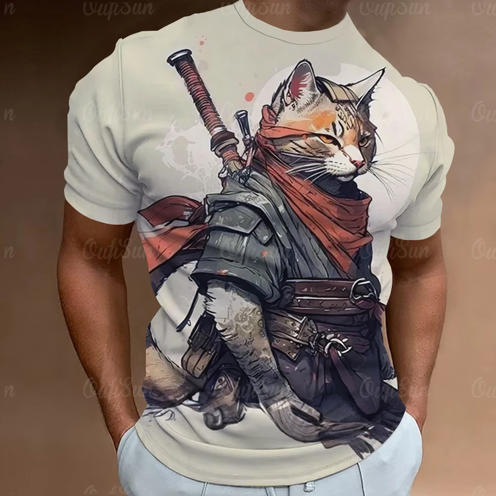 Samurai Cat T-Shirts For Men 3d Print Men'S Clothing Street Designer Short Sleeved Tops Tees Oversized T-Shirt Casual Sweatshirt