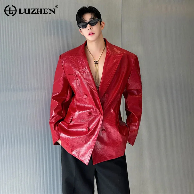 LUZHEN Glossy Crocodiles Leather Pattern Shoulder Pad Suit Jacket Elegant Casual Double Breasted Social Men's Clothing LZ6977